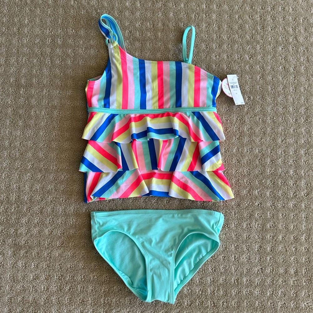 NWT Justice Girls’ Multicolor Striped 2 Piece Tankini Swimsuit, Size 12